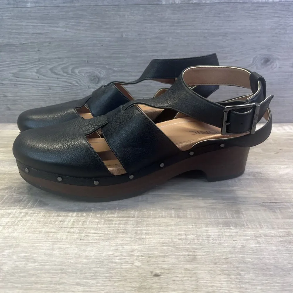 Vionic Black Leather Slingback Clogs with Buckle and Stud Trim - Picture 1 of 10